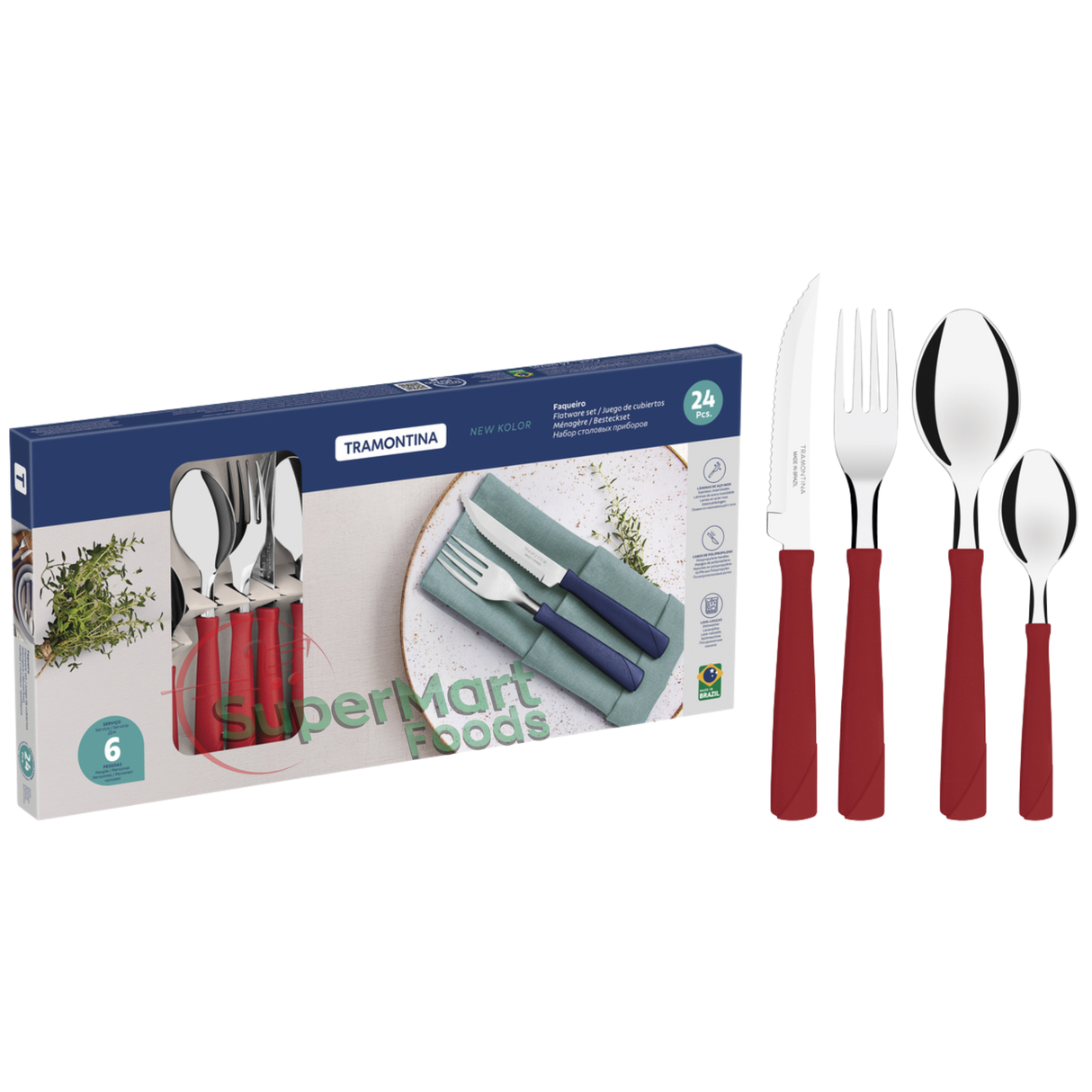 トラモンティーナ ニューカラー カトラリーセット ステンレススチールブレードとレッドポリプロピレンハンドル付き 24ピース