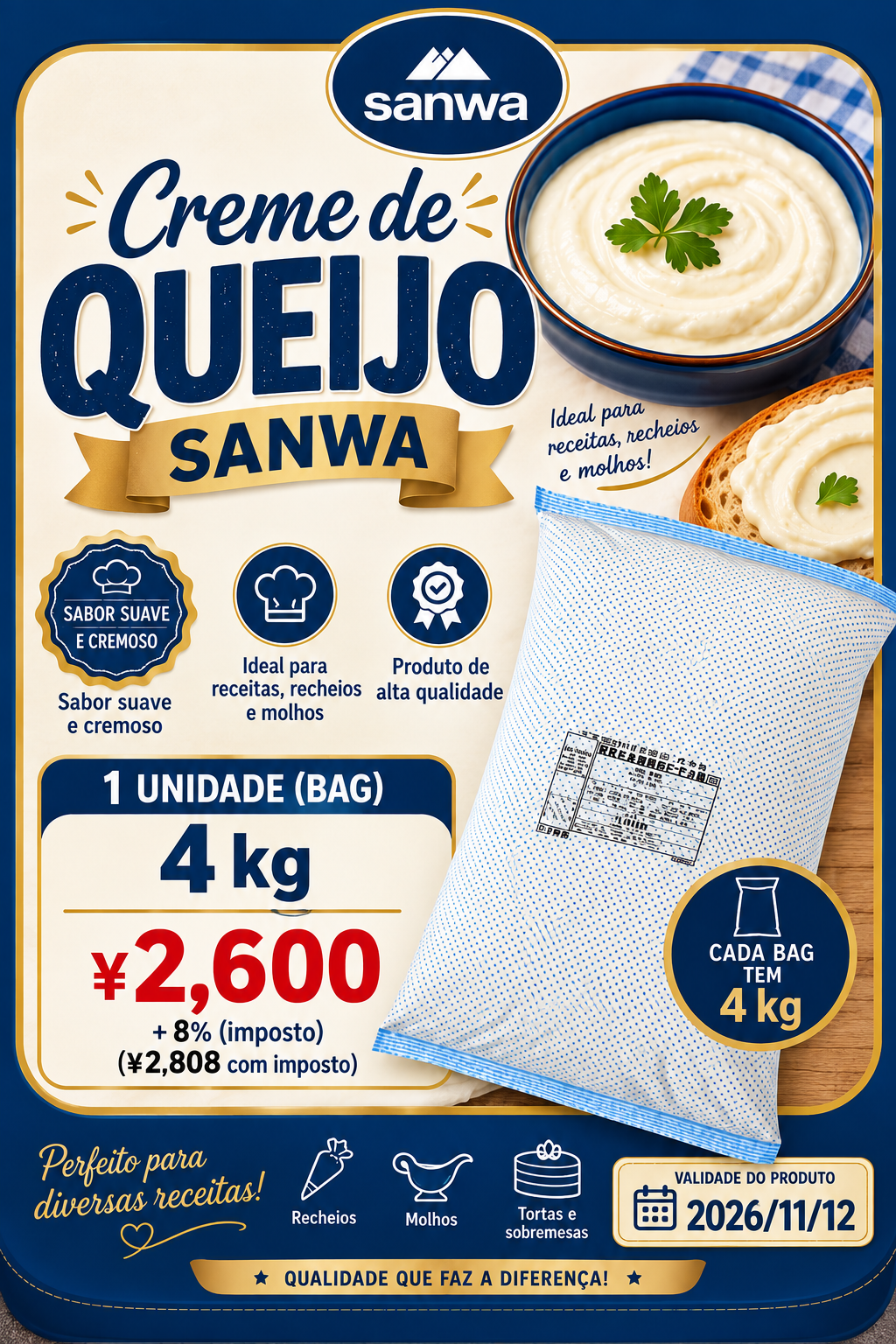 Val. 12 novembro 2026 Creme de queijo Sanwa 4kg