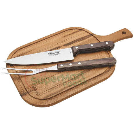 Tramontina BBQ Kit: Stainless Steel Knife/Stainless Steel Fork/Polywood Cutting Board
