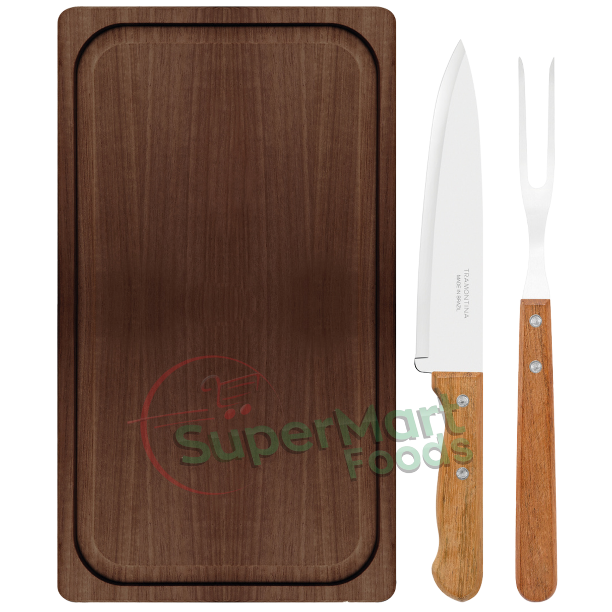 トラモンティーナ 3ピース バーベキューセット: ステンレススチールナイフ 1本 / ステンレススチールフォーク 1本 / 木製カッティングボード 1枚